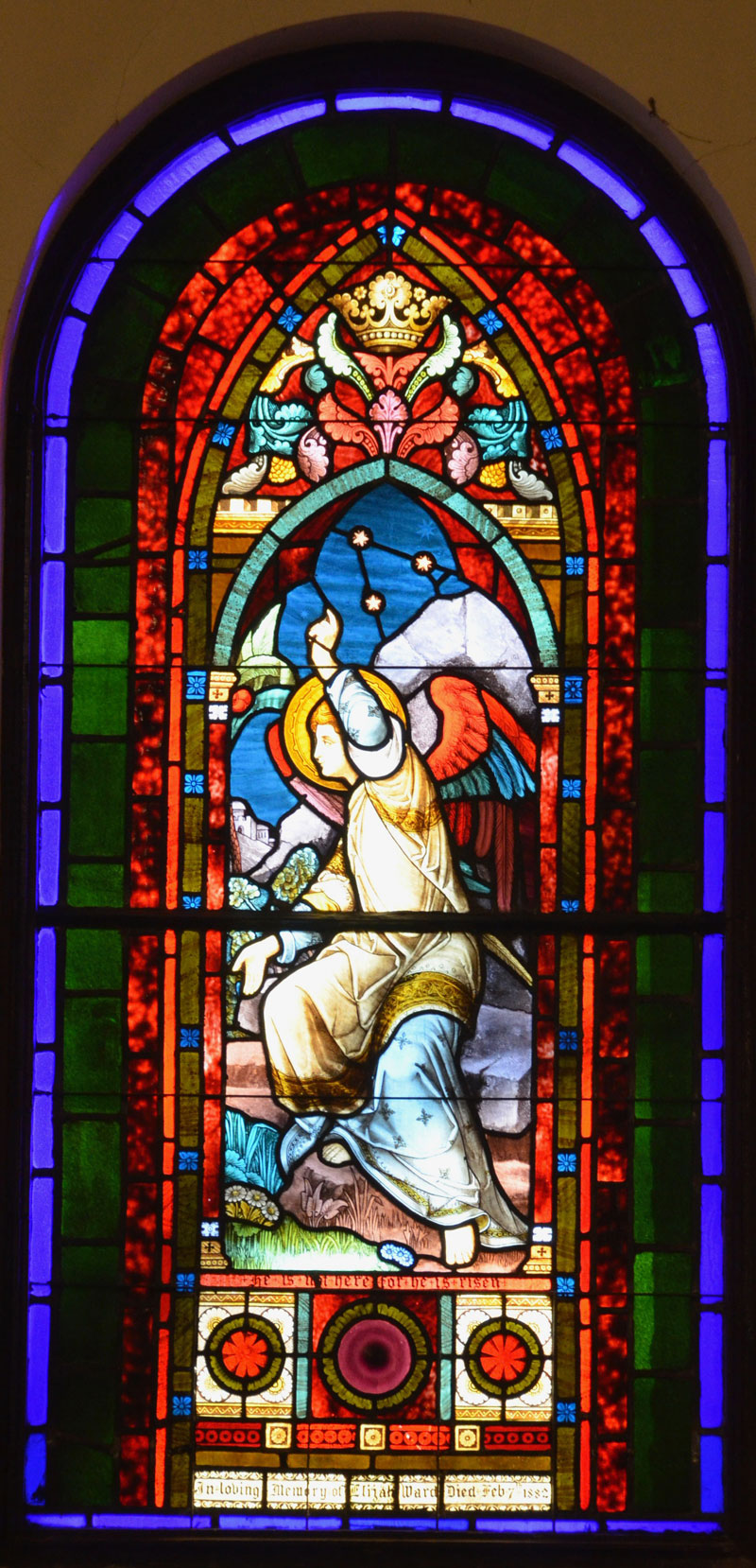 Angel at the Tomb (Designer/artist unknown) – Closest to the vestibule the window of the Angel at the Tomb reminds us that however quaint and interesting the fleeting history of the Trinity Church may be, the Resurrection of Christ stands forever at the heart of Christian Faith. 